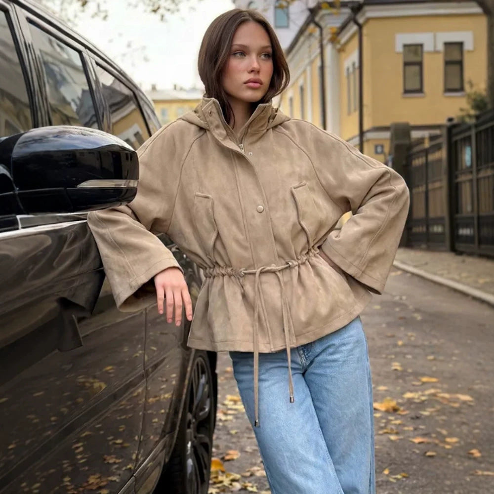 Women Short Jacket in Suede Look with Hood and Waist Drawstring EVA-US