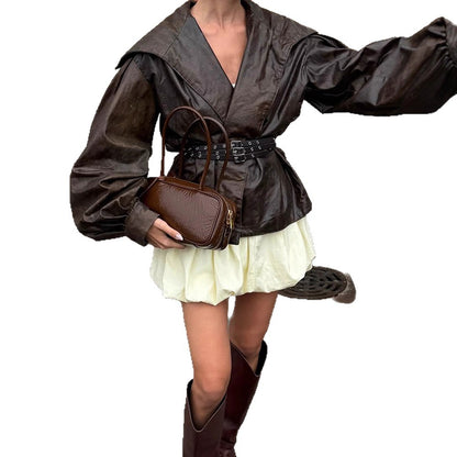 Women's Tailored Faux Leather Blouson with Wide Shawl Collar, Voluminous Balloon Sleeves and Double Studded Belt EVA-US