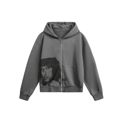 Unisex hooded zip jacket in boxy cut with large portrait print EVA-US