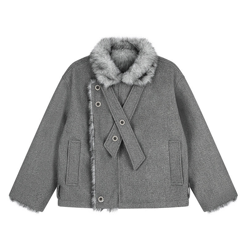 Women's short wool jacket with faux fur trim and asymmetric button placket EVA-US
