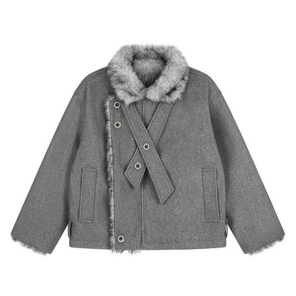 Women's short wool jacket with faux fur trim and asymmetric button placket EVA-US