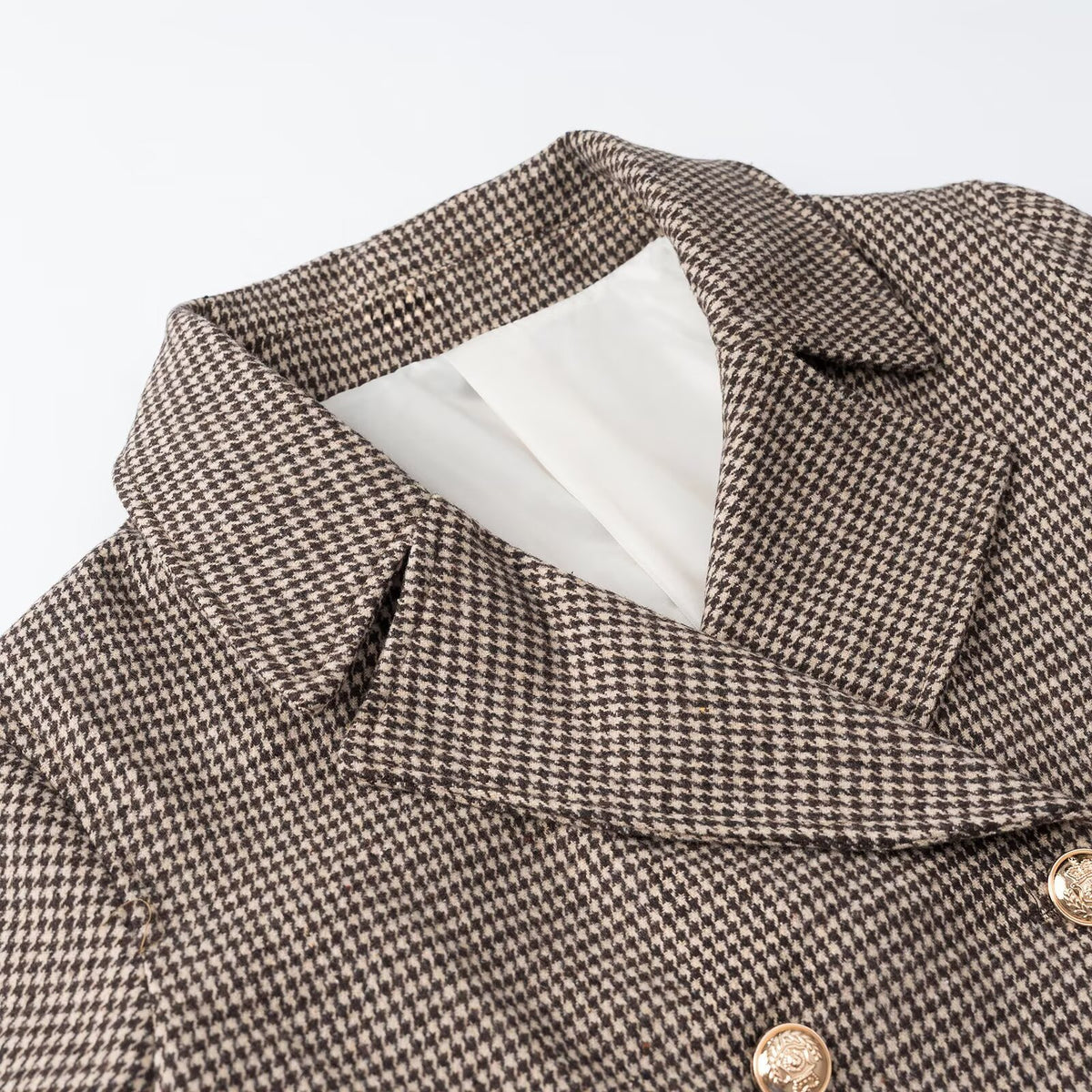 Women's Short-Cut Double-Breasted Houndstooth Blazer with Tailored Silhouette and Golden Decorative Buttons EVA-US
