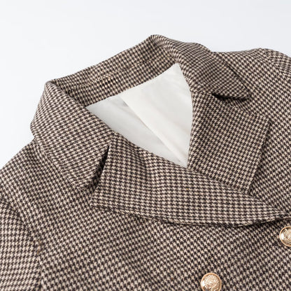 Women's Short-Cut Double-Breasted Houndstooth Blazer with Tailored Silhouette and Golden Decorative Buttons EVA-US
