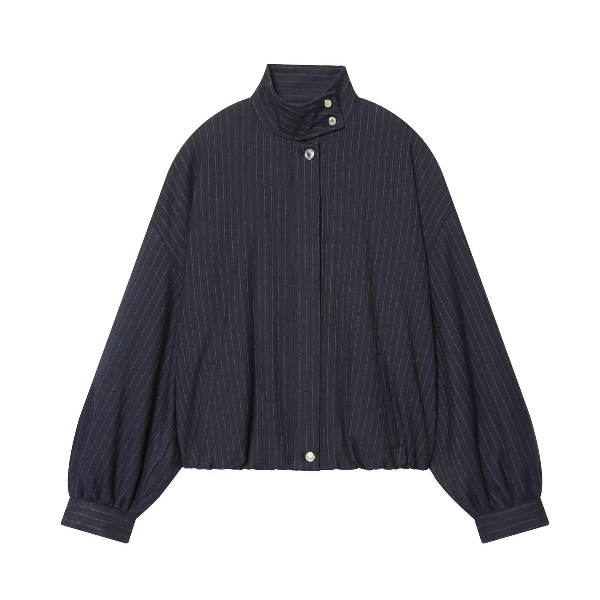 Ladies Short Pinstripe Blouson Jacket with Stand Collar, Balloon Sleeves and Elastic Hem EVA-US