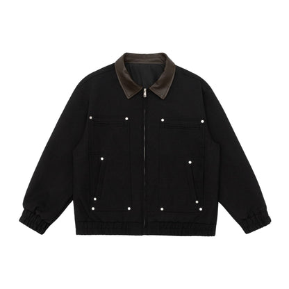 Unisex Boxy-Workwear-Blouson with leather-trimmed collar, utility pockets and elastic hem EVA-US