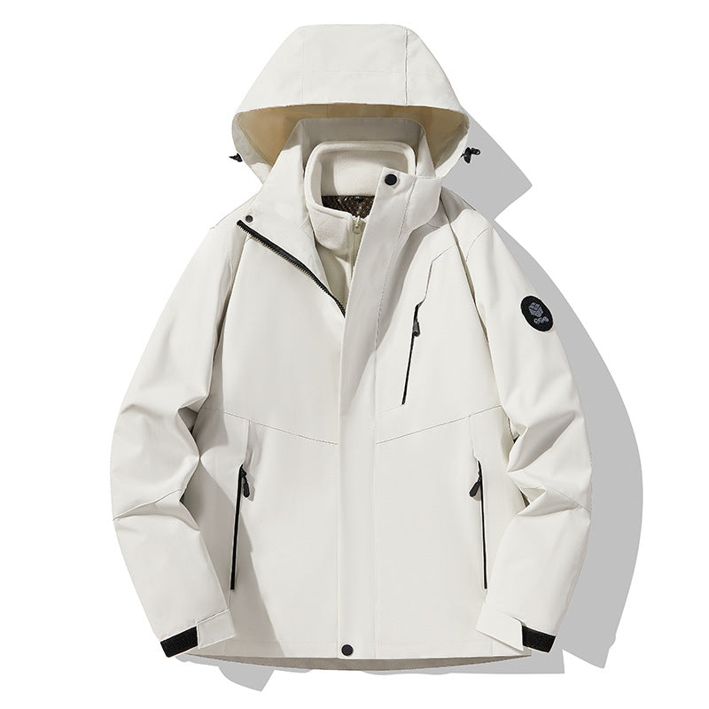 Men's three-layer breathable softshell trekking jacket with integrated fleece collar and adjustable hood EVA-US