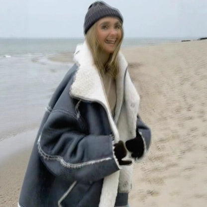 Women's Oversized Pilot Jacket in Vintage Look with Sherpa Lining and Contrast Trimmings EVA-US