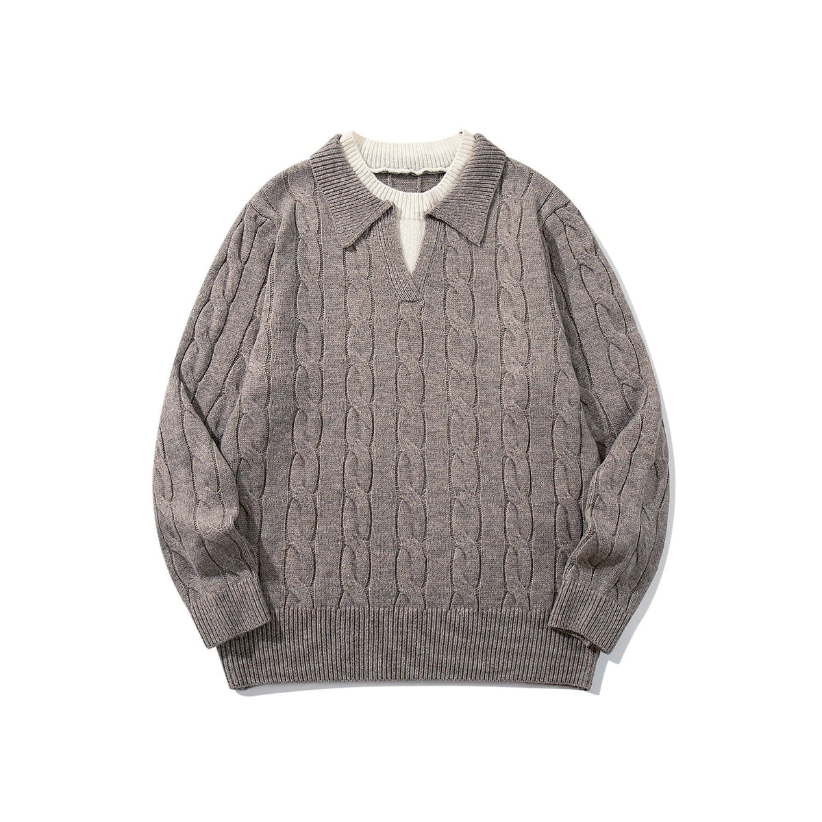 Unisex Structured Cable Knit Sweater with Polo Collar and Deep V-Neck EVA-US