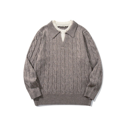Unisex Structured Cable Knit Sweater with Polo Collar and Deep V-Neck EVA-US
