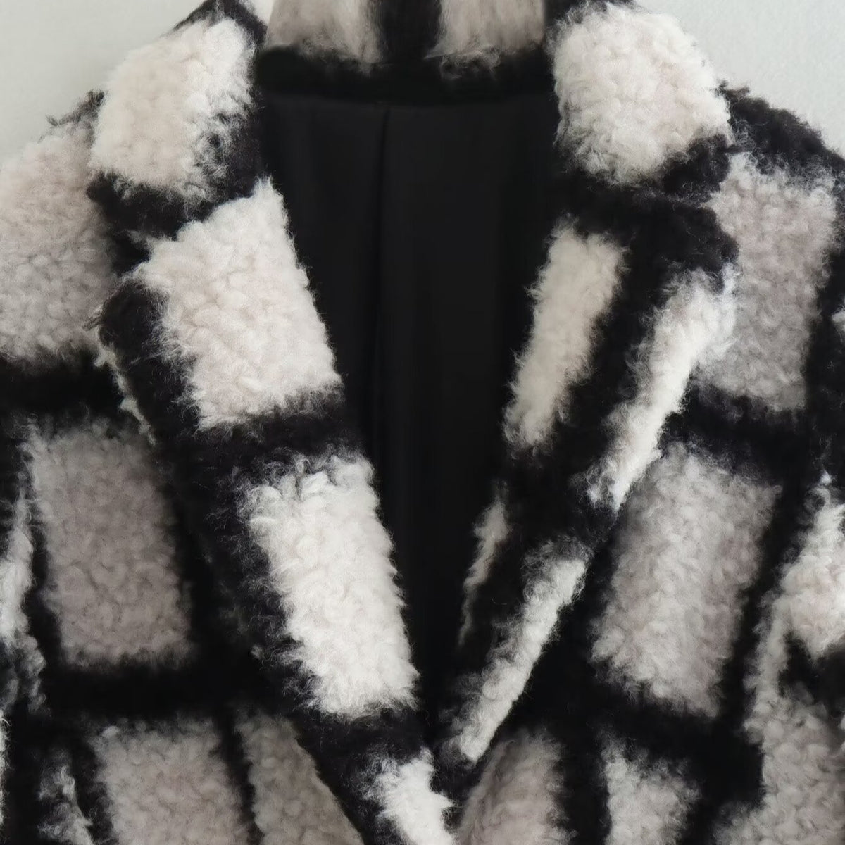 Women's Tailored Teddy Coat with Check Pattern and Lapel Collar EVA-US
