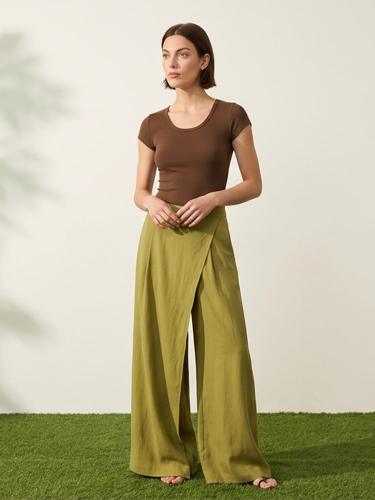 Women High-Waist Wrap Palazzo Pants with Wide Leg and Flowing Linen Look EVA-US