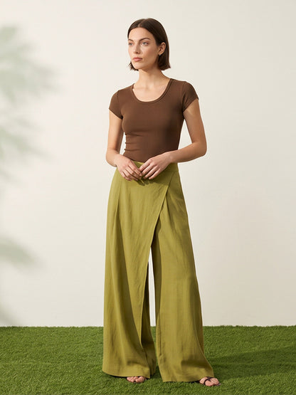 Women High-Waist Wrap Palazzo Pants with Wide Leg and Flowing Linen Look EVA-US