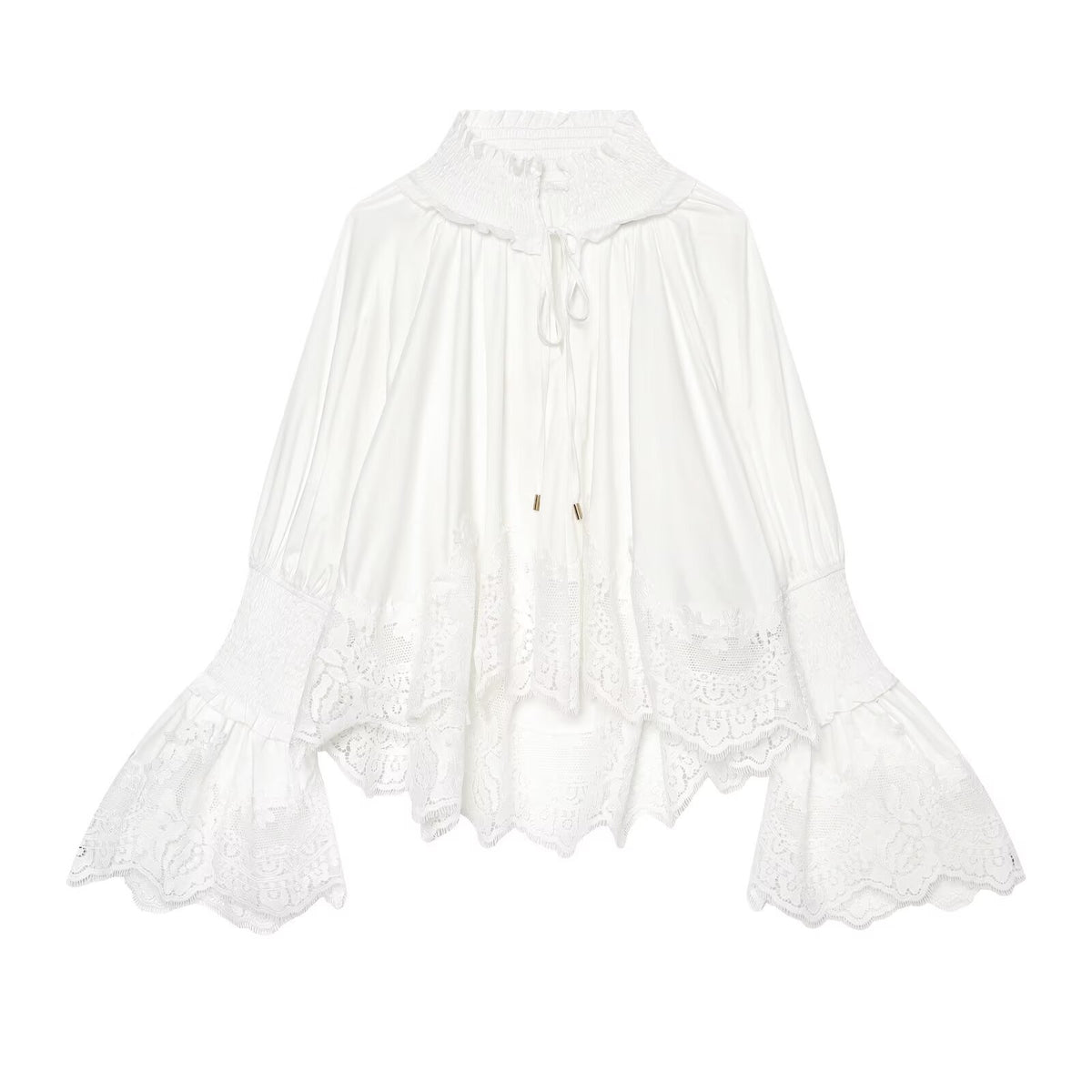 Ladies Romantic Blouse with Ruffle Collar, Bell Sleeves and Lace Trim EVA-US