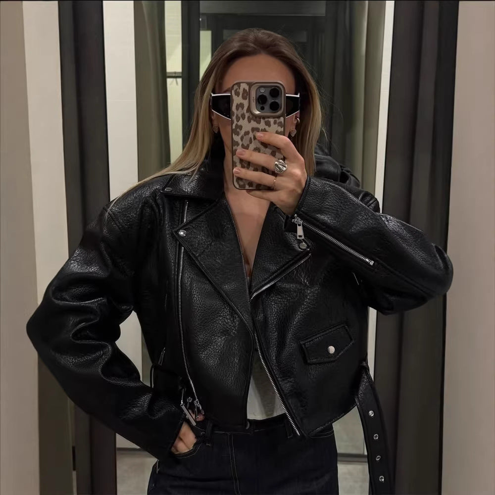 Women Short Structured Biker Jacket Made of Faux Leather EVA-US