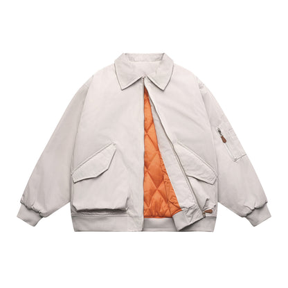 Unisex Short Cut Boxy Bomber Jacket with Quilted Contrast Lining, Utility Patch Pockets and Ribbed Hem EVA-US