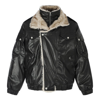 Ladies Oversized Faux Leather Flight Jacket with Teddy Lining and Stand-up Collar EVA-US
