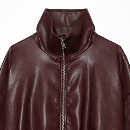 Women's Cropped Boxy Bomber Jacket in shiny leather look with high funnel collar EVA-US