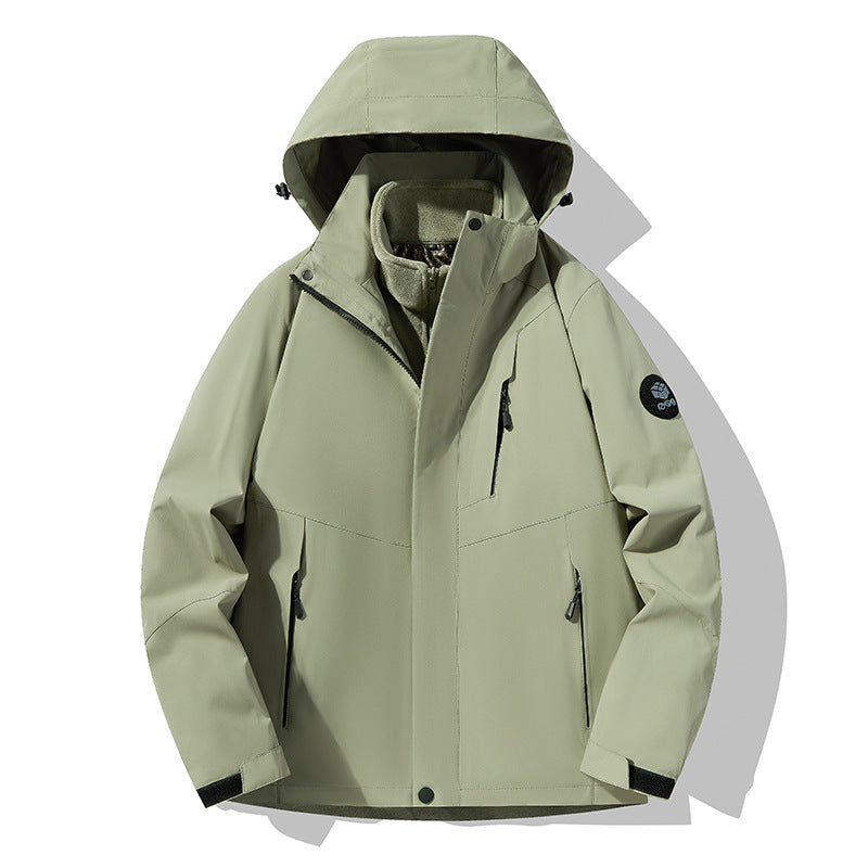 Men's three-layer breathable softshell trekking jacket with integrated fleece collar and adjustable hood EVA-US