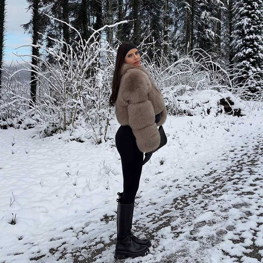 Women's Short Cut Luxury Faux Fur Blouson with Voluminous Shawl Collar EVA-US