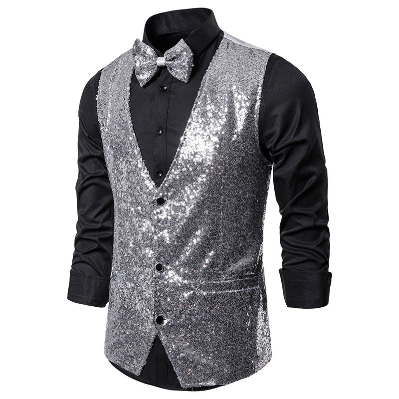 Men's Glittering Holiday Waistcoat with Matching Bow Tie EVA-US