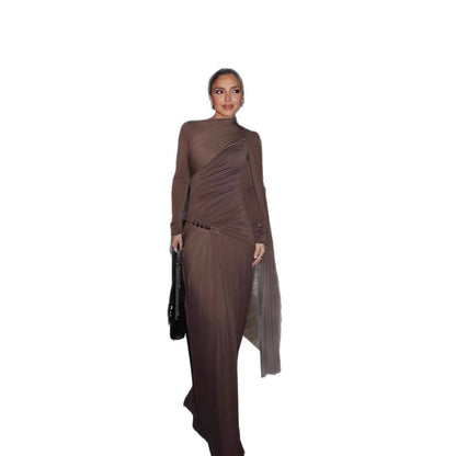 Women's fitted evening dress with asymmetric draping, gathered bodice, and long draped bow EVA-US