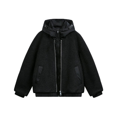 Women's Oversize Wool Blend Bomber Jacket with Quilted Hood EVA-US