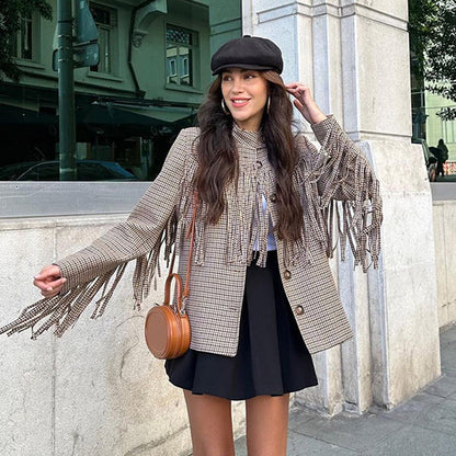 Women's short blazer with fringe and houndstooth pattern EVA-US