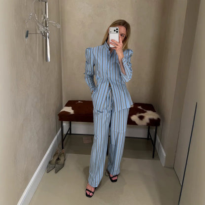 Women's Striped Loungewear Two-Piece Set with Tailored Shirt Blouse and Wide Leg Trousers EVA-US