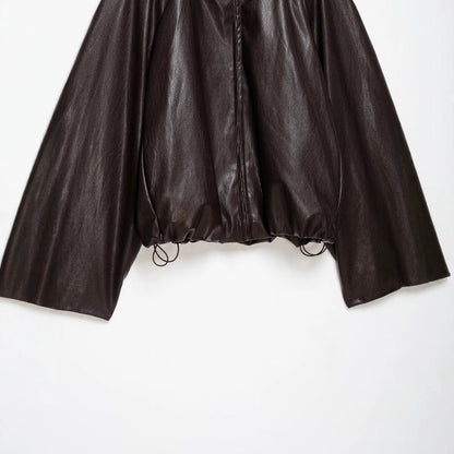 Women's Oversize Jacket in Leather Look with High Funnel Collar, Raglan Sleeves and Drawstring Hem EVA-US