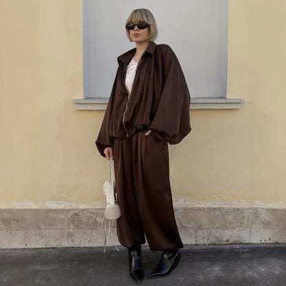 Women Elegant Satin Two-Piece Set with Oversize Blouse and Wide Palazzo Pants EVA-US