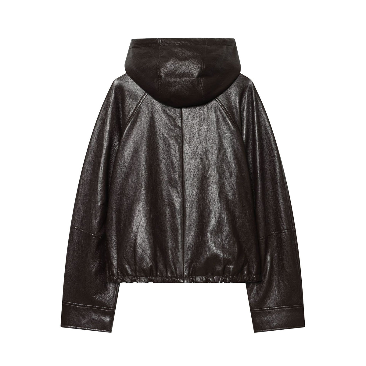 Women's Short Hooded Leather Look Bomber Jacket with Drawstring Hem EVA-US