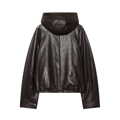Women's Short Hooded Leather Look Bomber Jacket with Drawstring Hem EVA-US