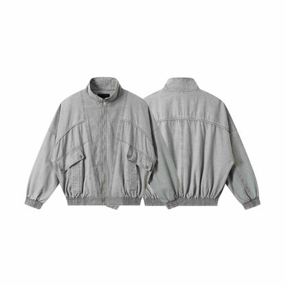Unisex Short Cut Washed Canvas Utility Jacket with High Stand-Up Collar EVA-US