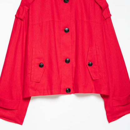 Women's short cape jacket in boxy cropped trench style with stand collar and shoulder patches EVA-US