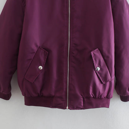 Women Boxy Bomber Jacket in Oversized Look with Zipper and Slanted Flap Pockets EVA-US