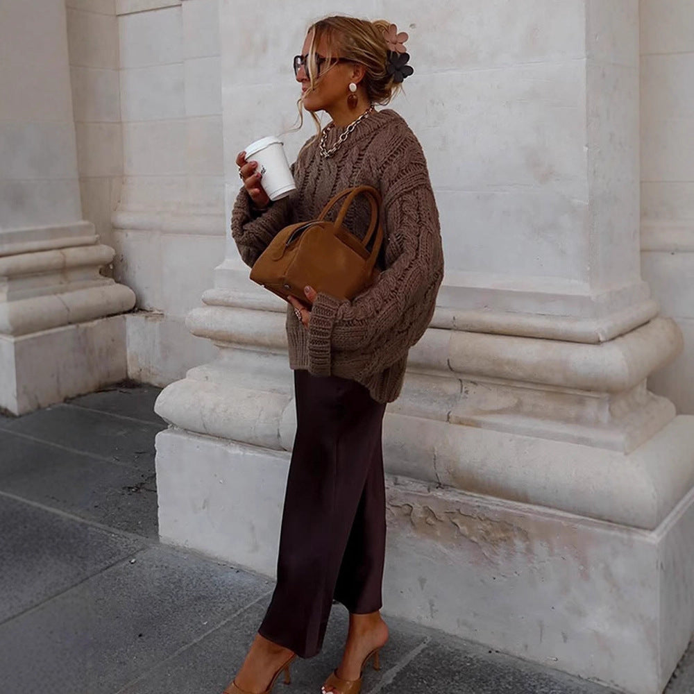 Women's Oversize Chunky Knit Sweater with Cable Knit, High Collar and Extended Sleeves EVA-US