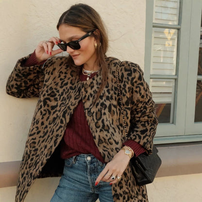 Women's Short Cut Faux Fur Coat with Leopard Print and Boxy Silhouette EVA-US
