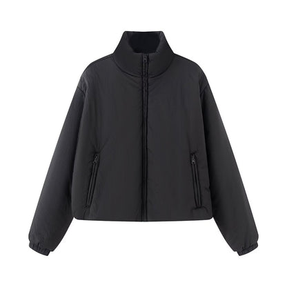 Women's Short Quilted Jacket with High Stand-Up Collar and Zipper Pockets EVA-US