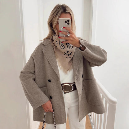 Women's Boxy Wool Blend Cocoon Jacket with Double-Breasted Button Placket and Wide Lapels EVA-US