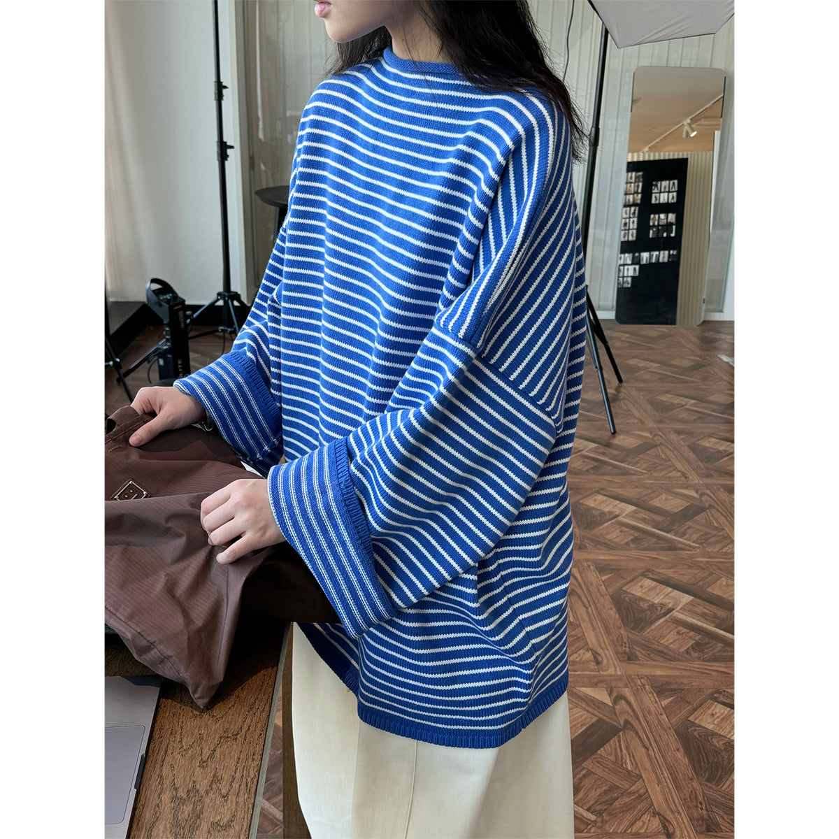 Women's Striped Oversize Knit Sweater with Short Stand-Up Collar EVA-US