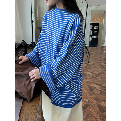 Women's Striped Oversize Knit Sweater with Short Stand-Up Collar EVA-US