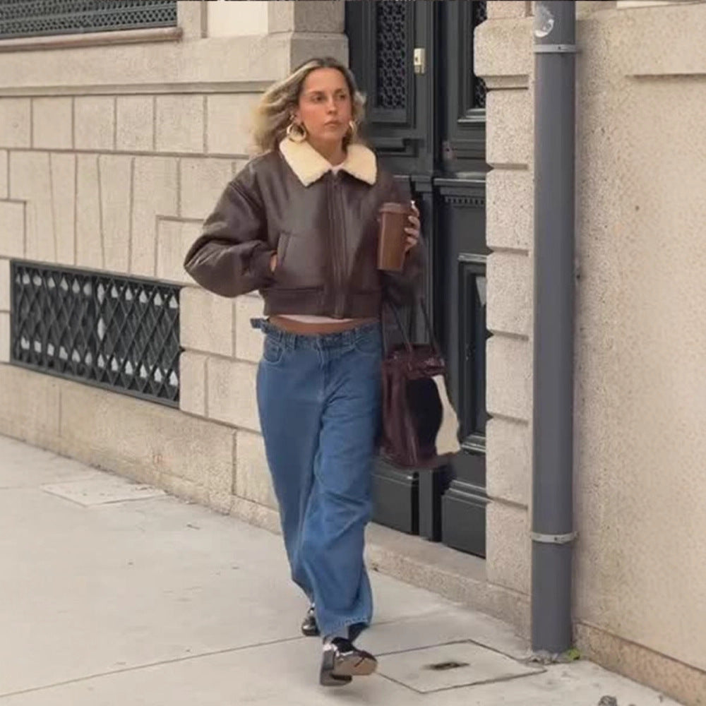 Women's oversized aviator jacket in biker-bomber style with teddy collar EVA-US