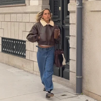 Women's oversized aviator jacket in biker-bomber style with teddy collar EVA-US