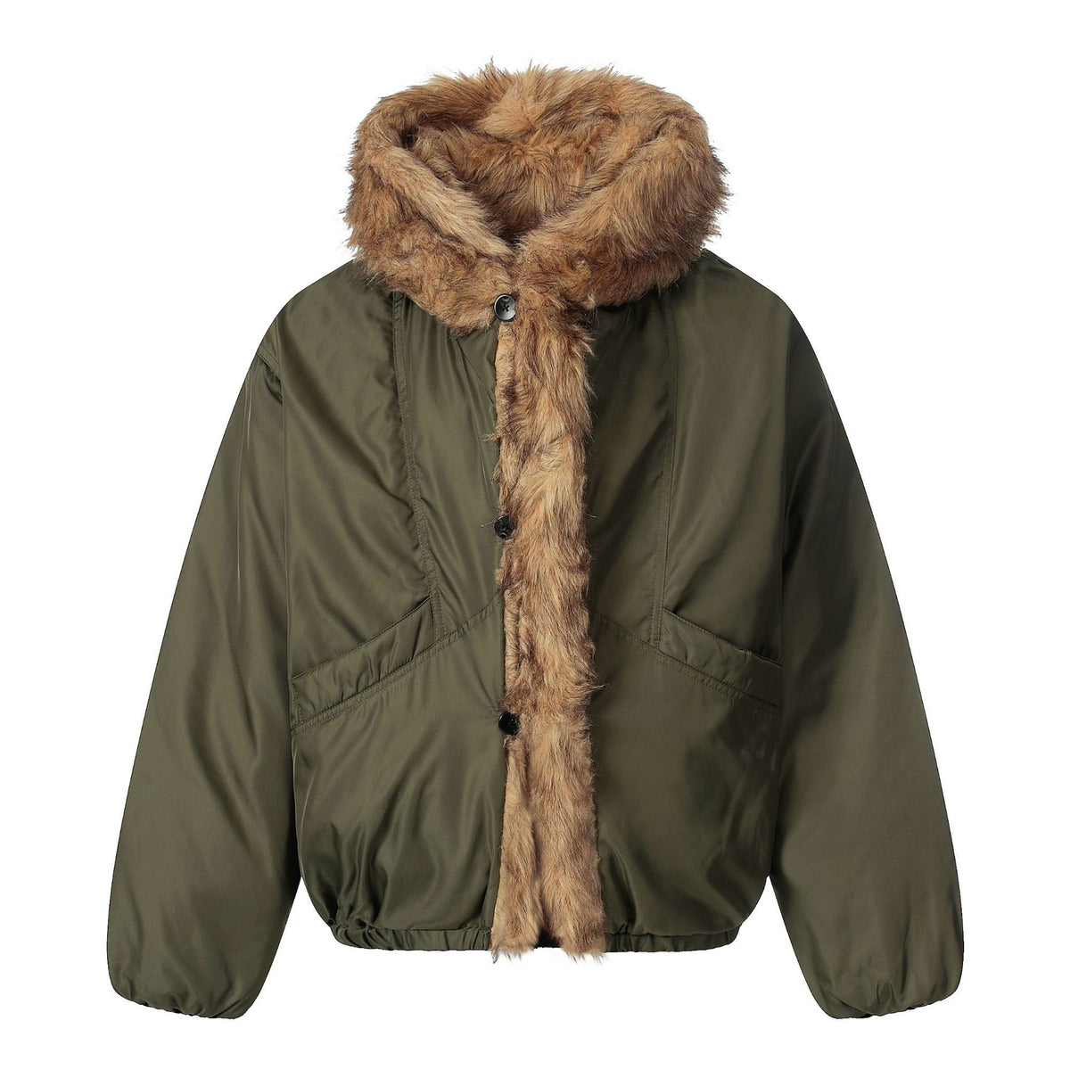 Ladies short jacket with faux fur trimmed hood and braided fur trim EVA-US