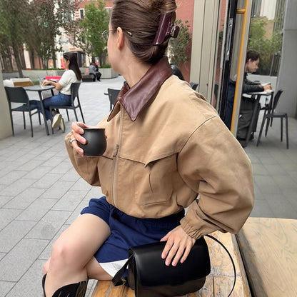 Women's Cropped Bomber Jacket with Contrasted Leather Collar, Zipper and Elastic Hem EVA-US