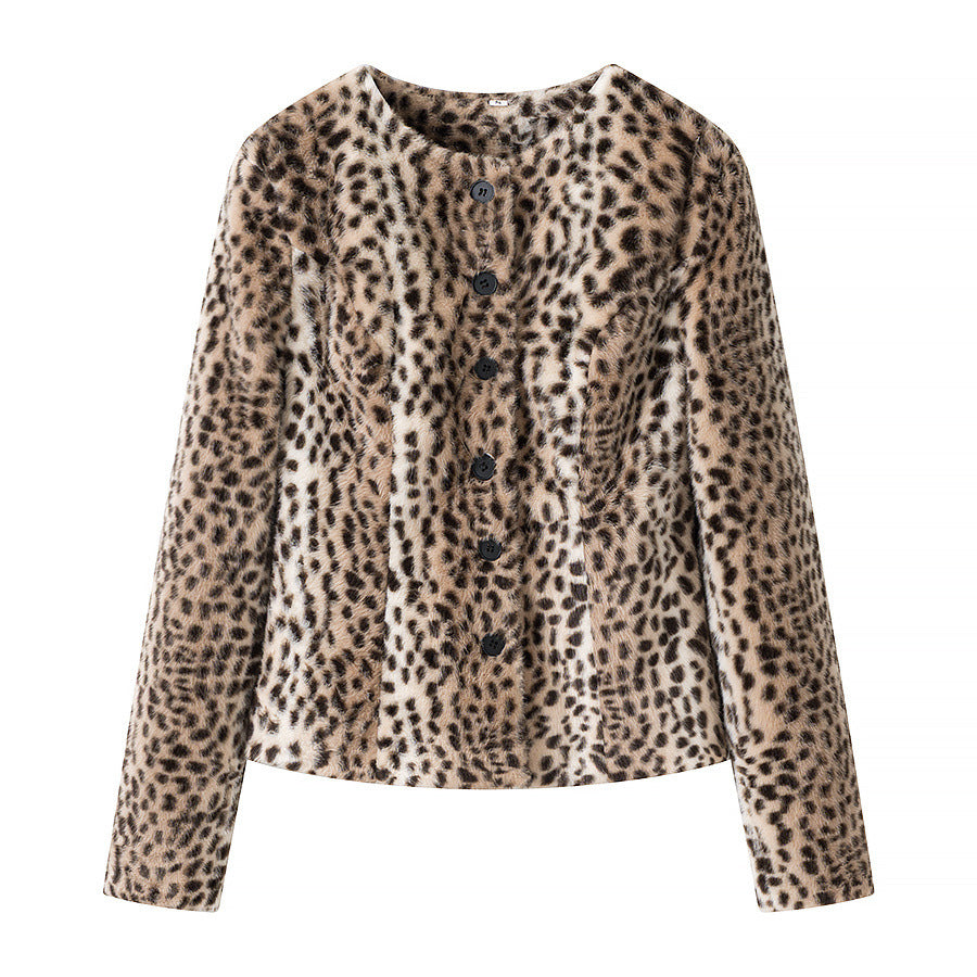Women Short Jacket made of Faux Fur with Leopard Print and Round Neckline EVA-US