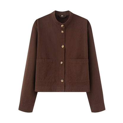 Women's short jacket with stand-up collar, boxy-cropped silhouette and patch pockets EVA-US