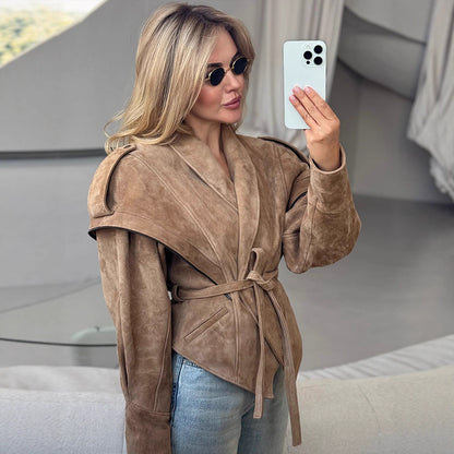 Ladies Velvet Leather Wrap Jacket with Wide Shawl Collar and Waist Belt EVA-US