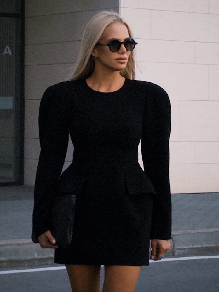 Women Tailored Minidress with Structured Shoulders, Long Sleeves and Suggested Peplum EVA-US