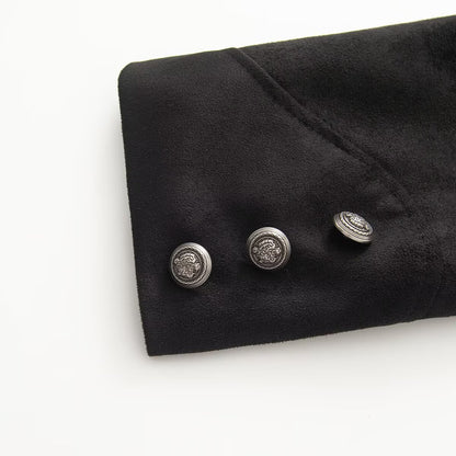 Women's short uniform-inspired jacket with high stand-up collar, double button placket and decorative cuffs EVA-US